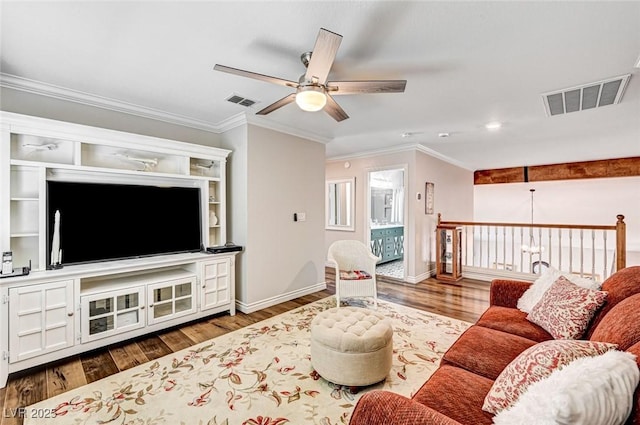 2036 Deer Springs Dr, Henderson, NV 89074 - living room with a ceiling fan, wood finished floors, baseboards, ornamental molding, and recessed lighting