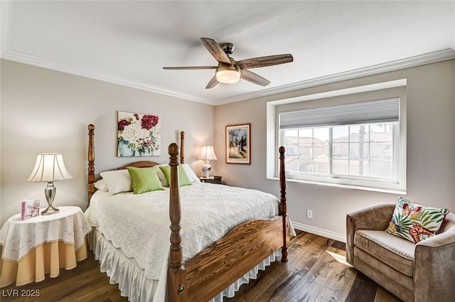 2036 Deer Springs Dr, Henderson, NV 89074 - bedroom with crown molding, dark wood-style floors, baseboards, and ceiling fan