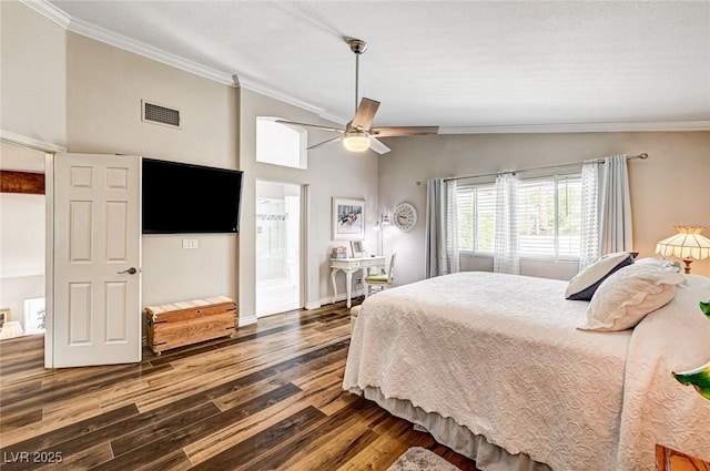 2036 Deer Springs Dr, Henderson, NV 89074 - bedroom featuring crown molding, wood finished floors, ensuite bath, ceiling fan, and vaulted ceiling