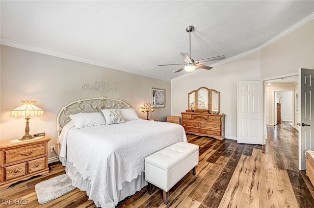 2036 Deer Springs Dr, Henderson, NV 89074 - bedroom with lofted ceiling, dark wood-style flooring, ornamental molding, and ceiling fan