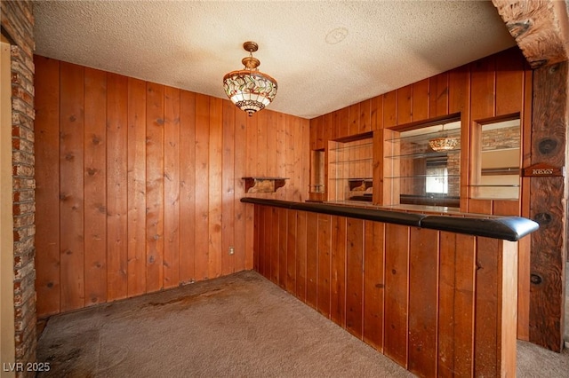 4516 E Flamingo Rd, Las Vegas, NV 89121 - bar featuring carpet, wooden walls, a textured ceiling, and pendant lighting