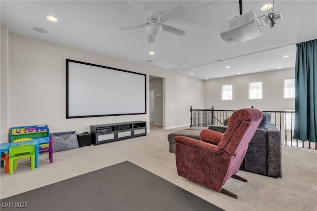 9950 Coyote Echo Ct, Las Vegas, NV 89166 - carpeted home theater featuring a ceiling fan and recessed lighting