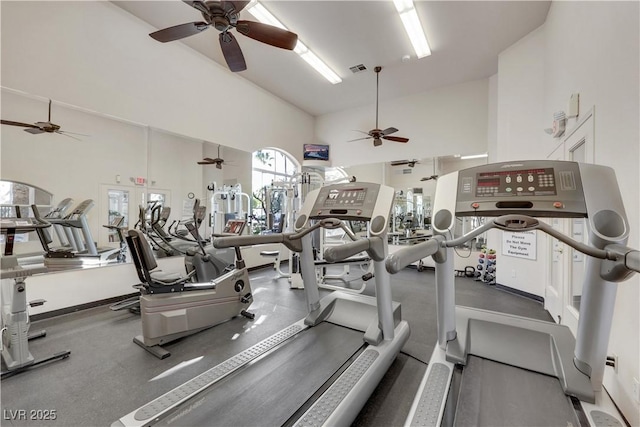 108 Lemon Glaze St Unit 202, Las Vegas, NV 89145 - exercise room with a ceiling fan and high vaulted ceiling