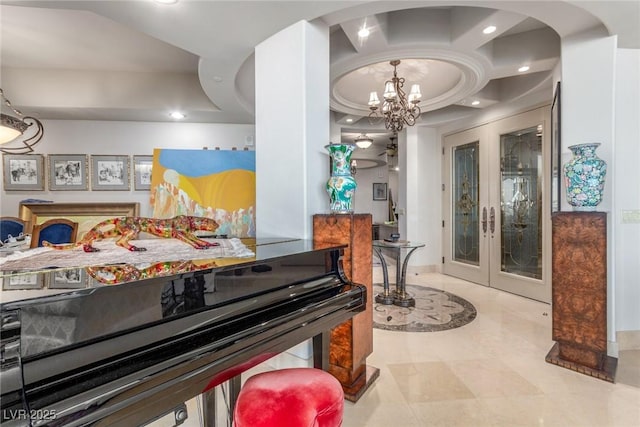 9101 Alta Dr Unit 203, Las Vegas, NV 89145 - dining area featuring french doors, recessed lighting, arched walkways, and a chandelier