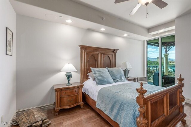 9101 Alta Dr Unit 203, Las Vegas, NV 89145 - bedroom with access to exterior, light wood finished floors, recessed lighting, baseboards, and ceiling fan