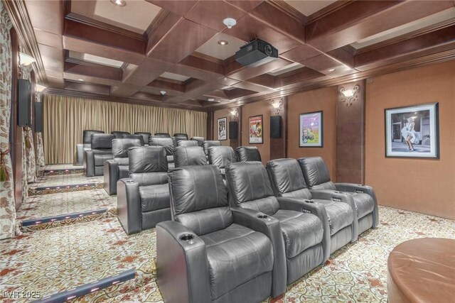 9101 Alta Dr Unit 203, Las Vegas, NV 89145 - home theater room with beamed ceiling, coffered ceiling, carpet flooring, and ornamental molding