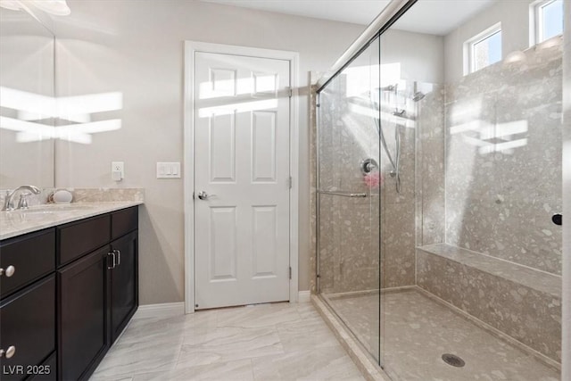 6056 Atlantis Dream Ave, Las Vegas, NV 89139 - bathroom with a stall shower, vanity, and marble finish flooring