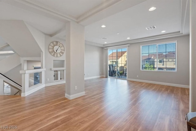 6056 Atlantis Dream Ave, Las Vegas, NV 89139 - unfurnished living room with light wood-style floors, recessed lighting, and crown molding