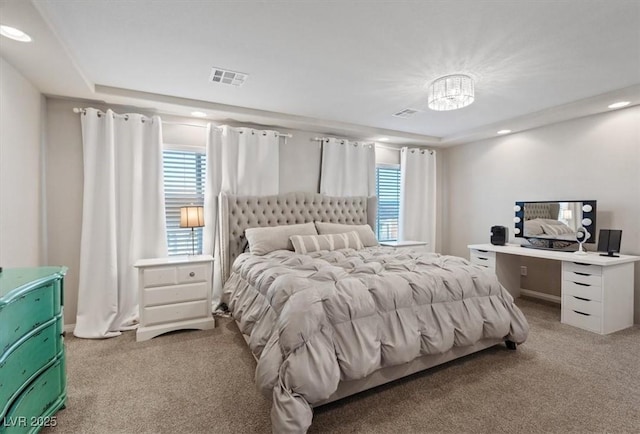 6056 Atlantis Dream Ave, Las Vegas, NV 89139 - bedroom with light colored carpet, multiple windows, recessed lighting, and a chandelier