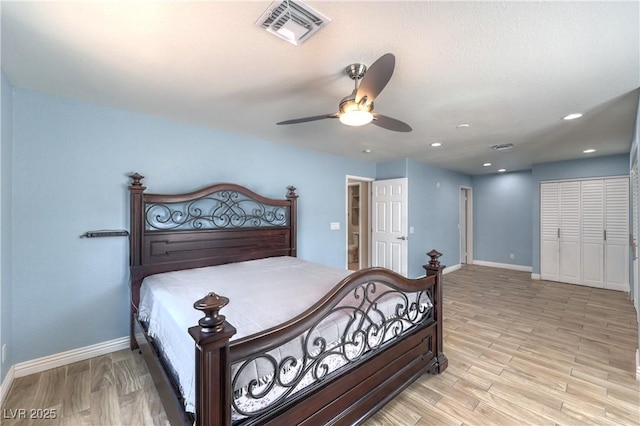 4428 Los Reyes Ct, Las Vegas, NV 89121 - bedroom with baseboards, light wood-style flooring, a ceiling fan, and recessed lighting