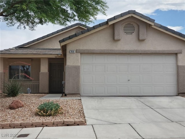 7801 Olympus Ave, Las Vegas, NV 89131 - view of front of home featuring a garage, stucco siding, driveway, and a tile roof