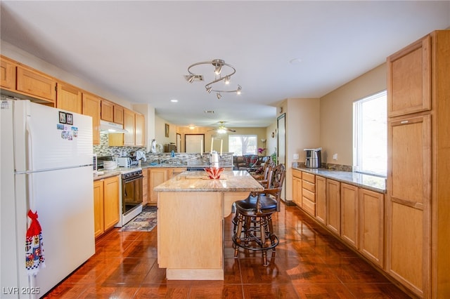 7801 Olympus Ave, Las Vegas, NV 89131 - kitchen with freestanding refrigerator, range, healthy amount of natural light, a peninsula, and recessed lighting