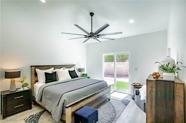9813 Folsom Dr, Las Vegas, NV 89134 - bedroom with access to exterior, light wood-style floors, recessed lighting, and a ceiling fan