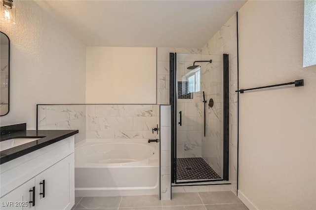 1501 Lucia Dr, Las Vegas, NV 89128 - bathroom with a bath, tile patterned floors, a shower stall, and vanity