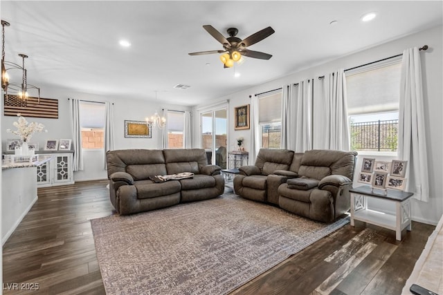 2207 Valdina St, Henderson, NV 89044 - living room featuring a chandelier, dark wood-style floors, a ceiling fan, and recessed lighting