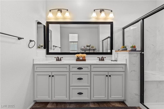 2207 Valdina St, Henderson, NV 89044 - bathroom with double vanity and a marble finish shower