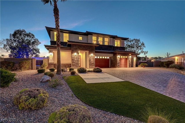7736 Tioga Ridge Ct, Las Vegas, NV 89117 - prairie-style home featuring stone siding, driveway, a garage, and a gate