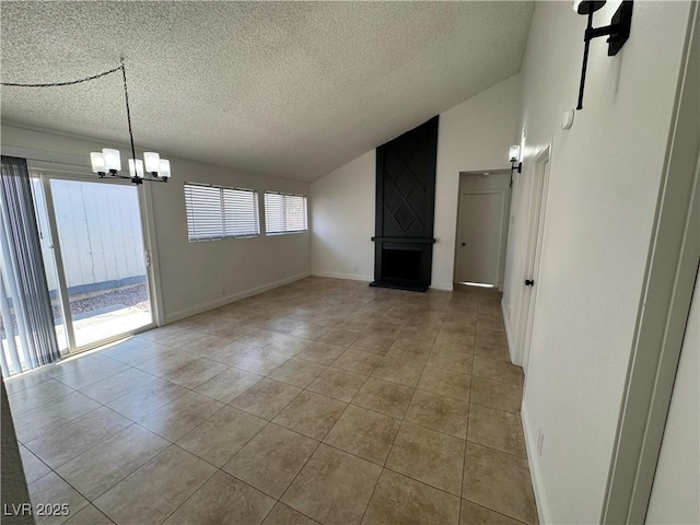 2318 El Molino Cir, Las Vegas, NV 89108 - unfurnished living room with vaulted ceiling, tile patterned flooring, a chandelier, a textured ceiling, and a fireplace