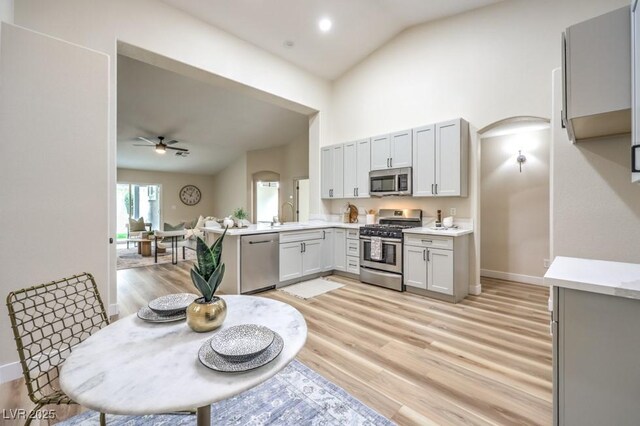 10205 Birch Bluff Ln, Las Vegas, NV 89145 - kitchen with appliances with stainless steel finishes, ceiling fan, light wood-type flooring, light countertops, and high vaulted ceiling