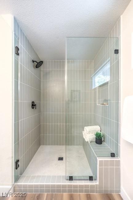 10205 Birch Bluff Ln, Las Vegas, NV 89145 - bathroom featuring a shower stall and a textured ceiling