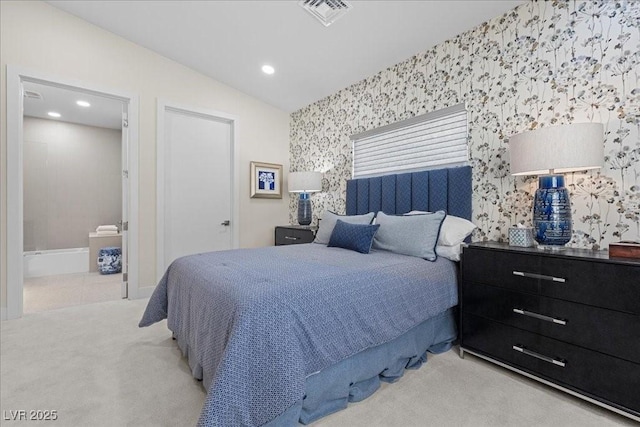 3104 Conners Dr, Las Vegas, NV 89107 - bedroom featuring wallpapered walls, carpet floors, recessed lighting, ensuite bath, and lofted ceiling