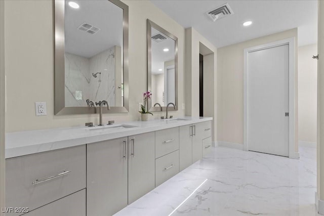 3104 Conners Dr, Las Vegas, NV 89107 - bathroom featuring marble tiled flooring, double vanity, recessed lighting, and a marble finish shower