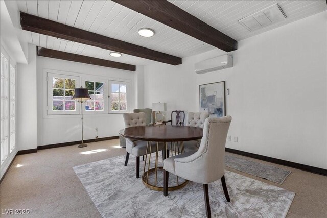3104 Conners Dr, Las Vegas, NV 89107 - carpeted dining room featuring a wall unit AC and a wooden ceiling with exposed beams