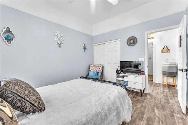 10654 Sidlaw Hills Ct, Las Vegas, NV 89141 - bedroom with wood finished floors, a ceiling fan, and a closet