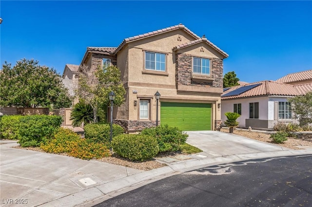4415 Peaceful Harbor St, Las Vegas, NV 89129 - traditional-style house featuring stucco siding, stone siding, a tiled roof, and concrete driveway