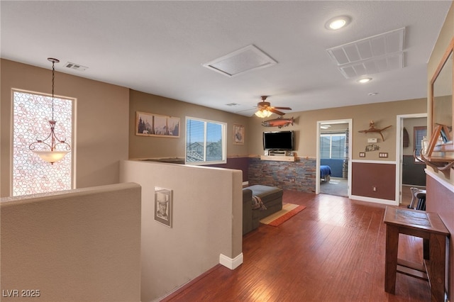 4415 Peaceful Harbor St, Las Vegas, NV 89129 - living room featuring wainscoting, wood finished floors, recessed lighting, attic access, and a ceiling fan