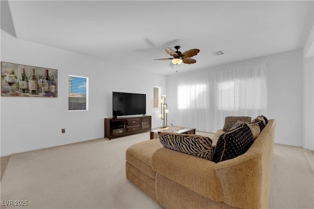 7707 W Diablo Dr, Las Vegas, NV 89113 - living room featuring light carpet and ceiling fan