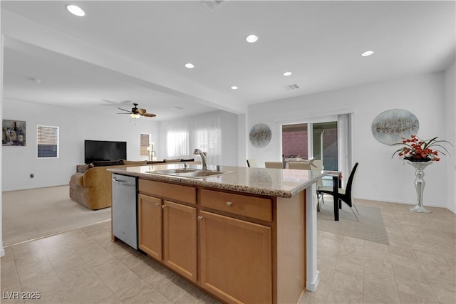 7707 W Diablo Dr, Las Vegas, NV 89113 - kitchen with stainless steel dishwasher, recessed lighting, open floor plan, an island with sink, and ceiling fan