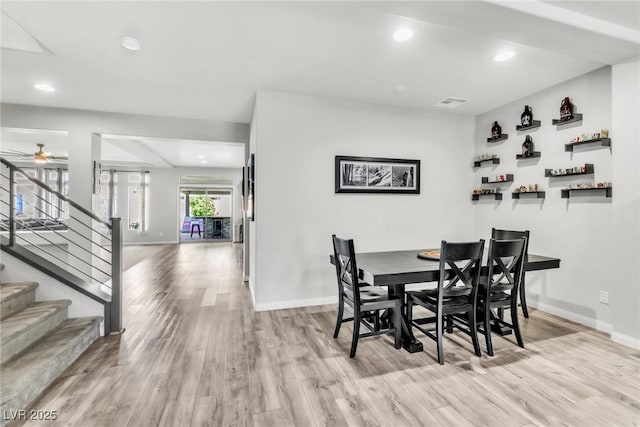 5976 Rockway Glen Ave, Las Vegas, NV 89141 - dining area featuring wood finished floors, ceiling fan, stairs, recessed lighting, and a dry bar