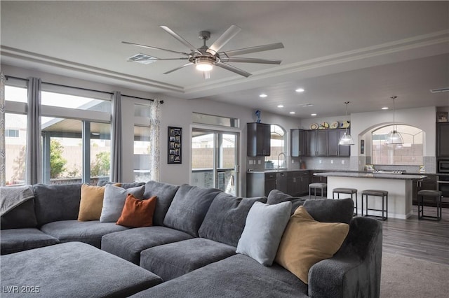 5976 Rockway Glen Ave, Las Vegas, NV 89141 - living area with ceiling fan, wood finished floors, and recessed lighting
