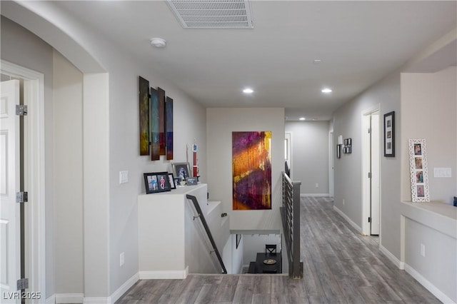 5976 Rockway Glen Ave, Las Vegas, NV 89141 - hall with an upstairs landing, wood finished floors, and recessed lighting