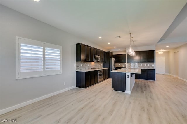 6085 Ryan Ranch Ave, Las Vegas, NV 89130 - kitchen with appliances with stainless steel finishes, decorative backsplash, light wood-type flooring, a kitchen breakfast bar, and a center island with sink