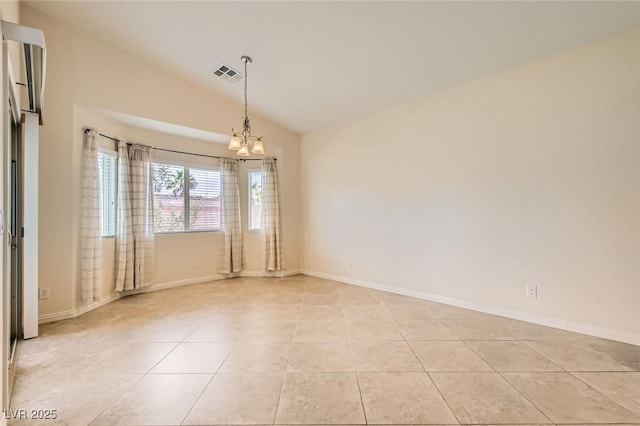 9252 Oxbow Lake Ave, Las Vegas, NV 89149 - spare room featuring vaulted ceiling, a chandelier, and light tile patterned floors