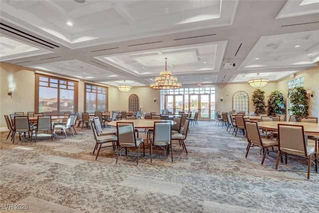 794 Sunny Sagebrush St, Henderson, NV 89011 - dining room with carpet flooring, coffered ceiling, and a chandelier