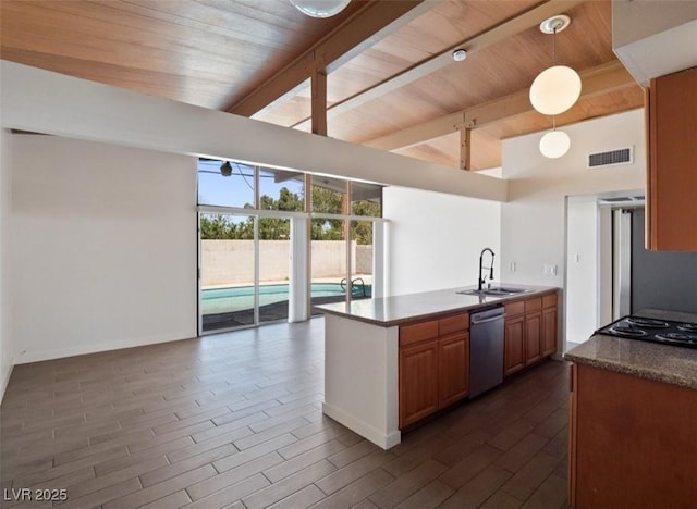 6112 Fairwood Cir, Las Vegas, NV 89107 - kitchen with stainless steel dishwasher, a wooden ceiling with exposed beams, cooktop, dark countertops, and open floor plan