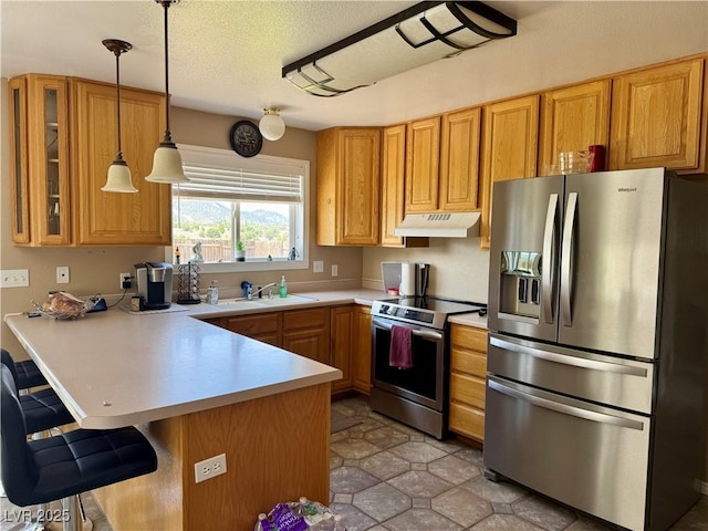 2345 Iron Dr, Ely, NV 89301 - kitchen with appliances with stainless steel finishes, under cabinet range hood, a peninsula, light countertops, and a kitchen bar