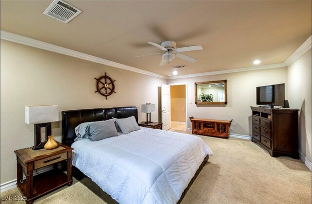 3597 Cochise Ln, Las Vegas, NV 89169 - bedroom with ornamental molding, light carpet, recessed lighting, and ceiling fan