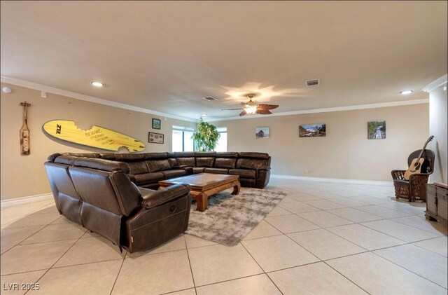 3597 Cochise Ln, Las Vegas, NV 89169 - living area featuring crown molding, a ceiling fan, recessed lighting, and light tile patterned flooring