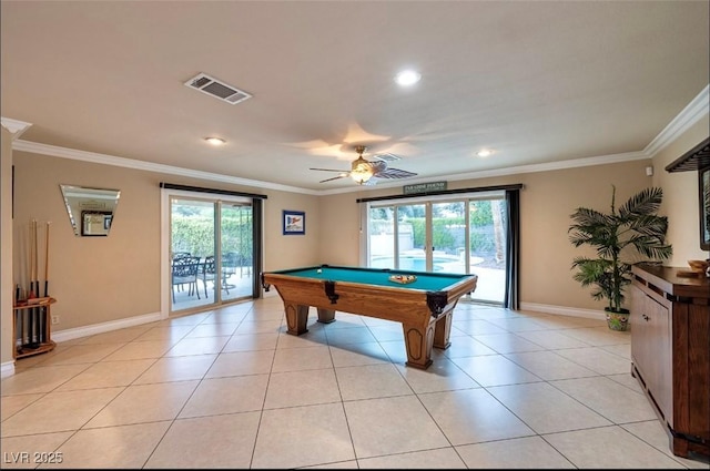 3597 Cochise Ln, Las Vegas, NV 89169 - recreation room featuring ornamental molding, billiards table, a ceiling fan, recessed lighting, and light tile patterned flooring