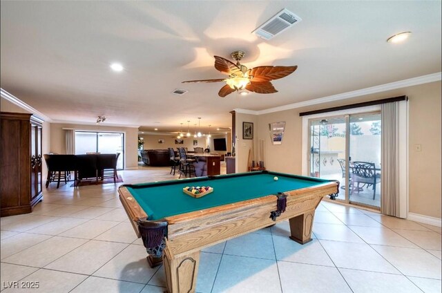 3597 Cochise Ln, Las Vegas, NV 89169 - rec room with crown molding, pool table, ceiling fan, light tile patterned flooring, and recessed lighting
