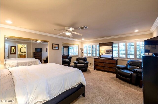 3597 Cochise Ln, Las Vegas, NV 89169 - bedroom with light carpet, crown molding, ceiling fan, and recessed lighting