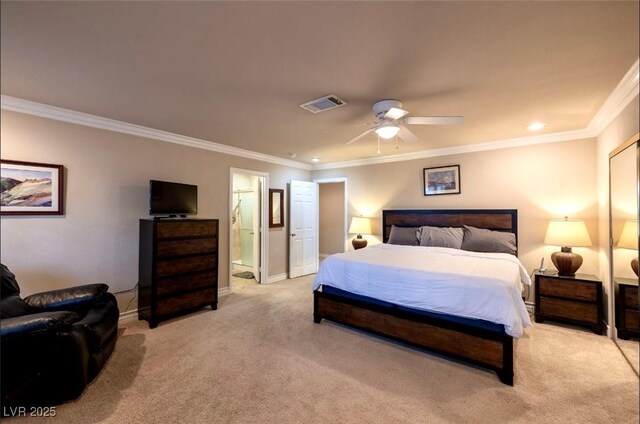 3597 Cochise Ln, Las Vegas, NV 89169 - bedroom featuring light colored carpet, crown molding, ensuite bathroom, recessed lighting, and ceiling fan