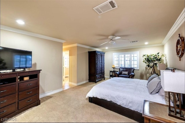 3597 Cochise Ln, Las Vegas, NV 89169 - bedroom with recessed lighting, light colored carpet, crown molding, and a ceiling fan
