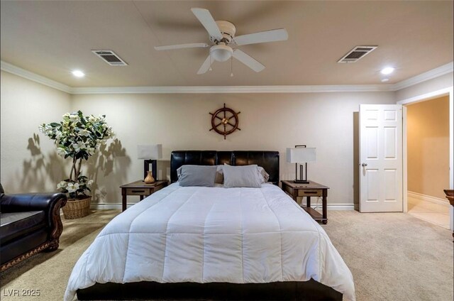 3597 Cochise Ln, Las Vegas, NV 89169 - carpeted bedroom featuring recessed lighting, ornamental molding, and ceiling fan