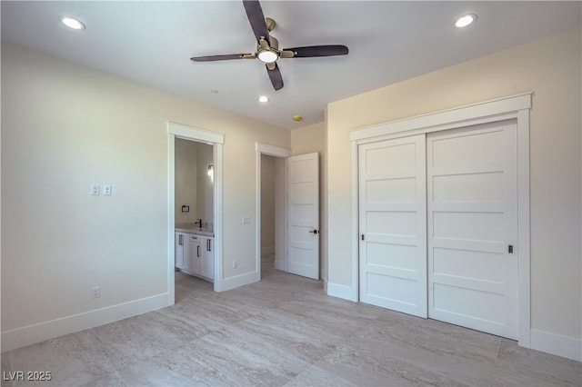 1525 Heights Dr, Logandale, NV 89021 - unfurnished bedroom featuring recessed lighting, a closet, ensuite bath, and ceiling fan