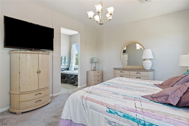 4317 Velvet Ridge Ct, Las Vegas, NV 89129 - bedroom with light carpet, a chandelier, and ensuite bath